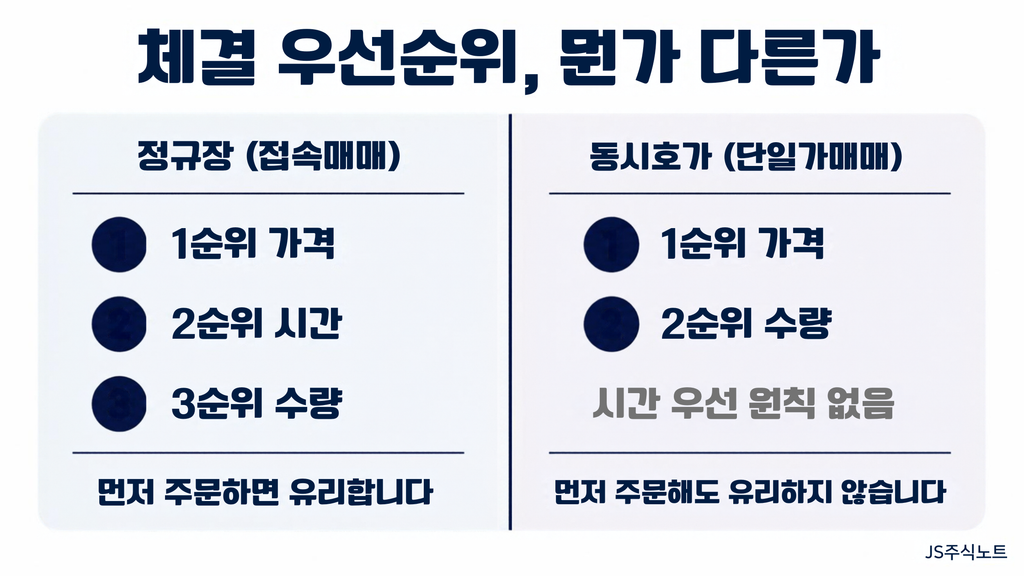 정규장과 동시호가의 체결 우선순위 비교
