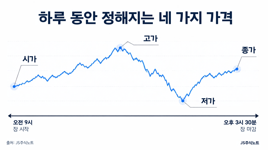 하루 주가 흐름에서 시가 고가 저가 종가가 정해지는 시점